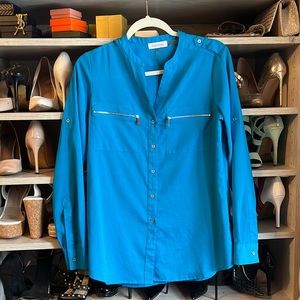 Teal blue Calvin Klein women’s button down blouse silver hardware